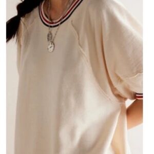 We The Free Free People Cream Short Sleeve Tunic Top with Striped Trim Size L